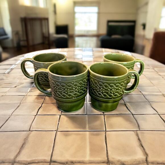 Vintage Japan Stacking Mugs w Chrome Holder-Avocado Green Retro-Midcentury-MCM - Picture 8 of 12